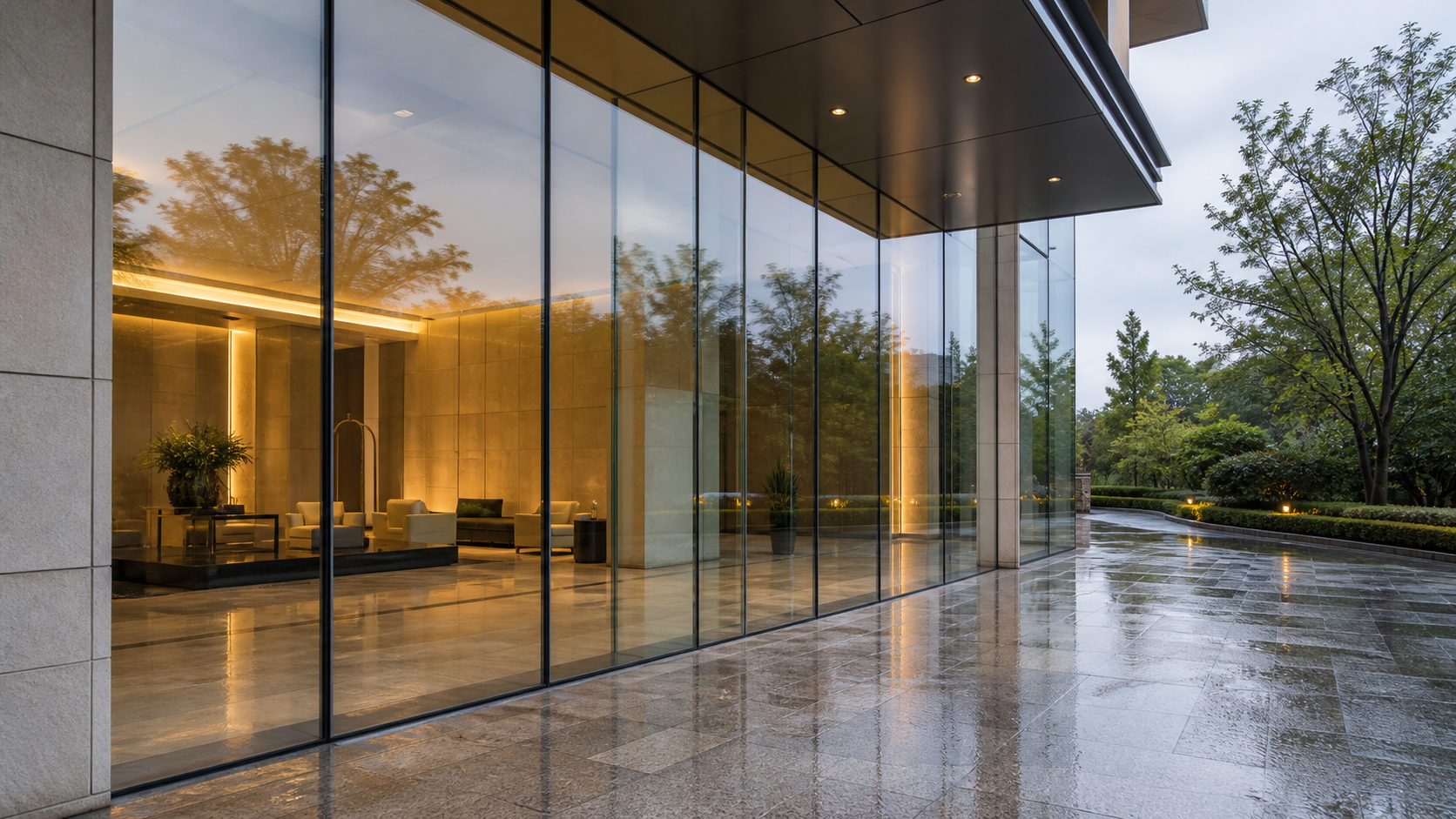 Typical premium glass facade in a post-rain hospitality setting